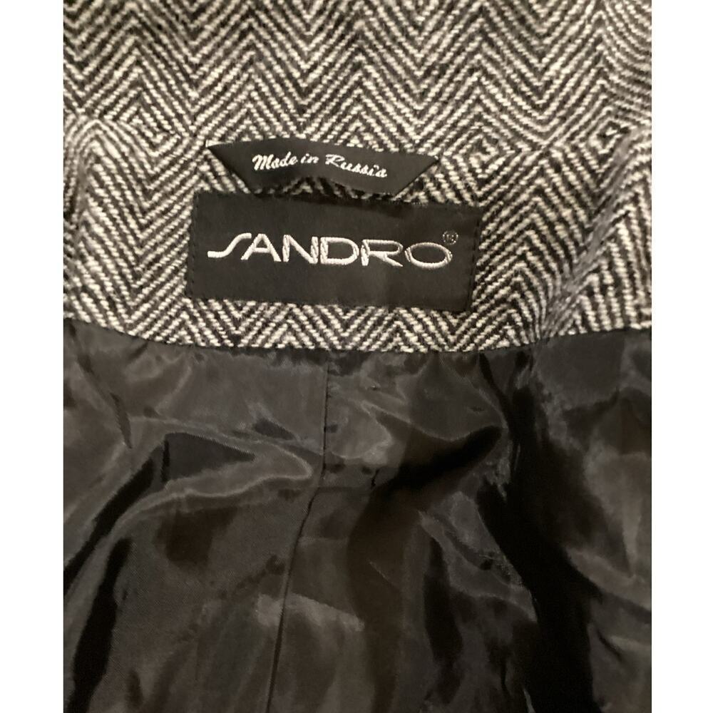 Sandro Blazer Black White Herringbone Zip Front Wool Jacket Size 10 - Picture 13 of 13